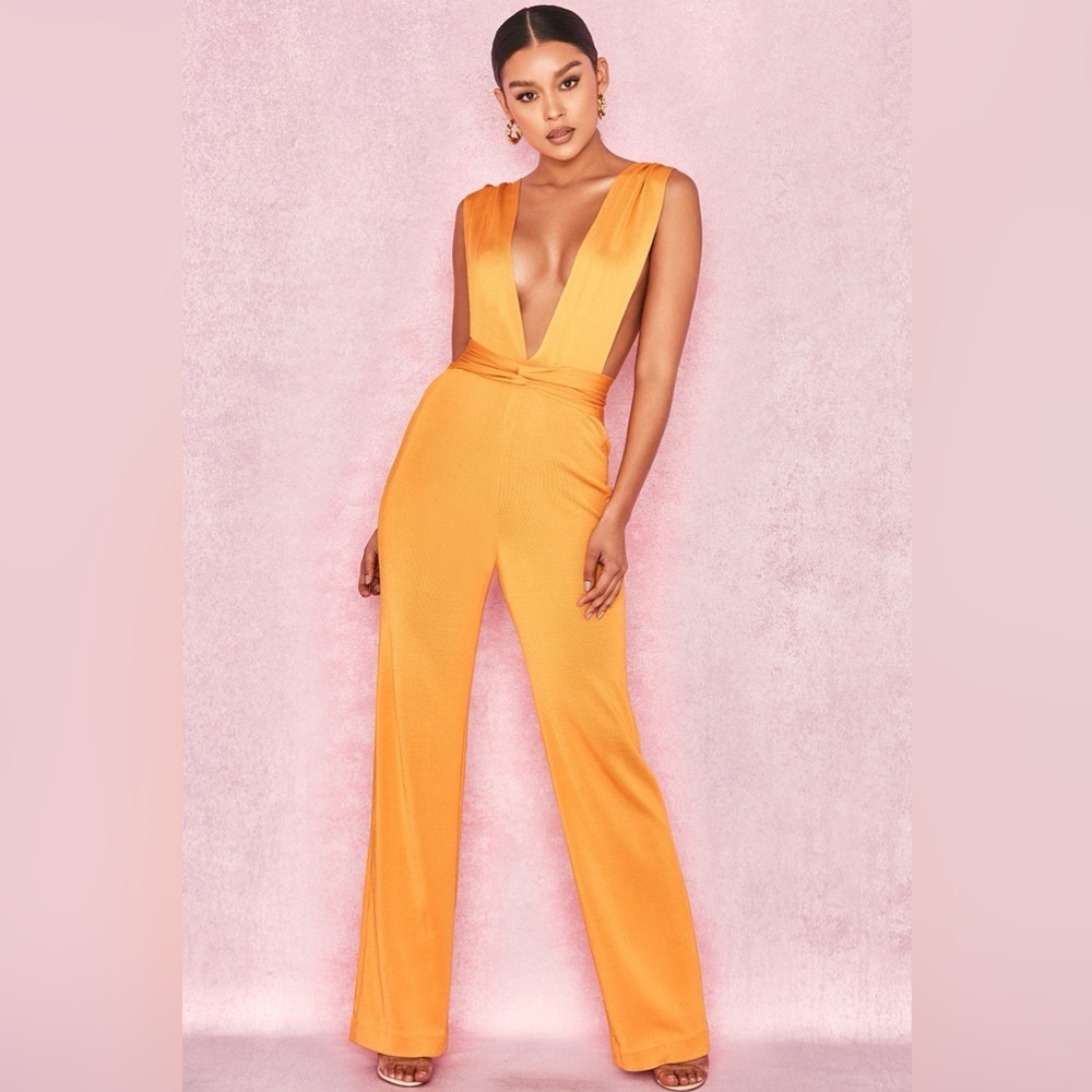 House of CB Orange Plunge Jumpsuit